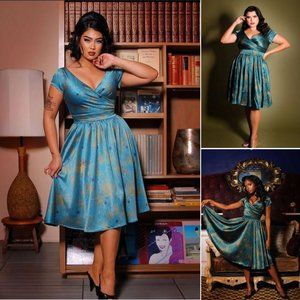 Satin Halloween spiderweb pinup teal swing dress 4X